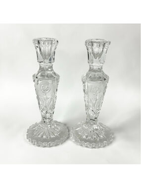 2 Clear Glass Single Candlestick Holders One Size Frosted Rose Ornate flower